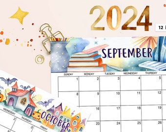 Calendrier imprimable 2024, Calendrier mural aquarelle, Calendrier de bureau 2024, Calendrier 2024 de 12 mois, Planificateur 2024 8,5 x 11, Calendrier numérique 2024