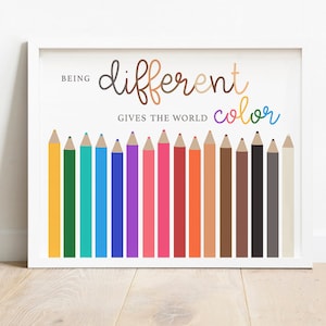 Diversity print, teacher classroom decor, diversity classroom, being different quotes, equality art, color pencil school, In this Classroom