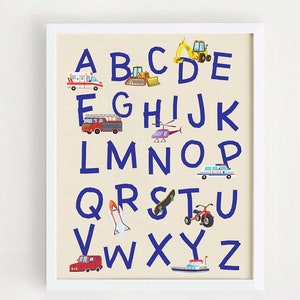 Afdrukbaar, ABC-voertuigen kunstafdruk, voertuigen, alfabetafdruk, AZ-poster, voertuigkunst aan de muur, voertuigkunst aan de muur, kinderkamer, alfabetposter
