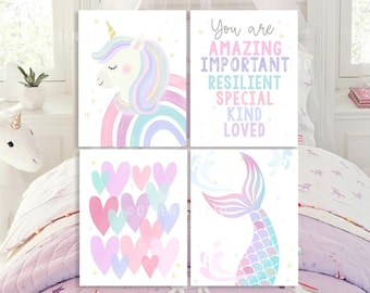 May include: Set of four pastel-colored prints featuring a unicorn, a mermaid tail, hearts, and the text "You are amazing, important, resilient, special, kind, loved".