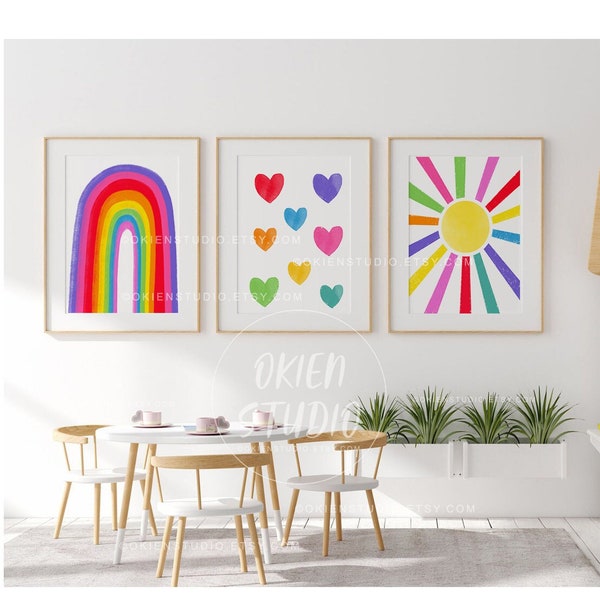 kids printables wall art, colorful wall art, kids playroom decor, rainbow hearts sun, bright art prints, colorful kids classroom wall decor