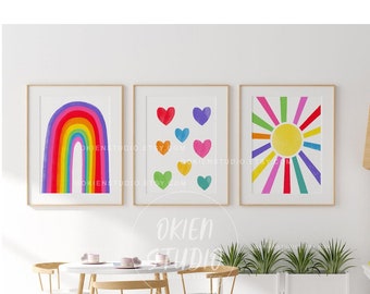 kids printables wall art, colorful wall art, kids playroom decor, rainbow hearts sun, bright art prints, colorful kids classroom wall decor