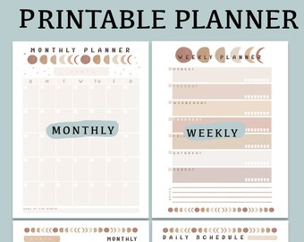 Puede incluir: Planificador imprimible con cuatro secciones: planificador mensual, planificador semanal, resumen mensual y horario diario. El planificador presenta un diseño de luna y estrellas con un esquema de color beige y marrón.