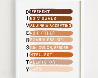 May include: A white framed print with the word "DIVERSITY" spelled out vertically. Each letter is a different color of brown and has a short horizontal line next to it. The text reads: "Different Individuals Valuing & Accepting Each Other Regardless of: Skin Color, Gender Intellect Talents or Years."