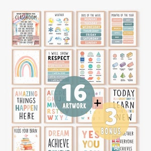 Conjunto de carteles Pastel Boho Classroom Bundle, 16 carteles, aula de grado 1, Todos son letreros de bienvenida, paquete imprimible para maestros, clima, alfabetos