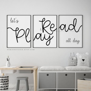 Lets Read Lets Play, Set of 3 Prints digital, kids playroom wall art, black white Minimalist print, Typography Wall Art, playroom wall decor