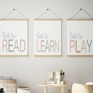 Homeschool wall art, Let&#39;s Read, Let&#39;s Play, Let&#39;s Learn, playroom wall art, nursery, preschool poster, study room, gender neutral  decor