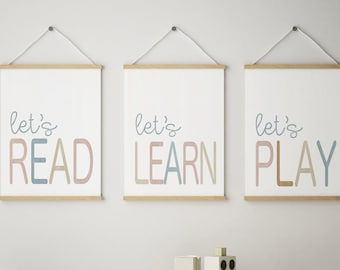 Playroom Wall Art Prints: Let's Read, Learn, Play (Digital Download)