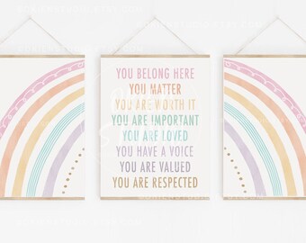 May include: Three framed prints with rainbow designs and inspirational text. The text reads "You belong here, You matter, You are worth it, You are important, You are loved, You have a voice, You are valued, You are respected."