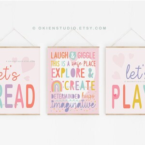 let&#39;s Read  Let&#39;s Play Wall Decor, Lets Play Sign, Create Explore Read, Sister room decor, Pastel Pink wall art, playroom sign girls, pink