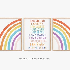 Positive affirmations wall art, I am sign, Colorful Rainbow poster, i am enough, custom name sign, kids room rainbow, boy bedroom, girl art