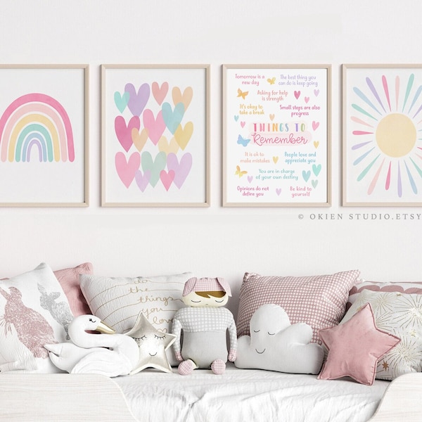 Décor de pépinière arc-en-ciel pastel rose, ensemble de coeurs de soleil arc-en-ciel pastel, choses à retenir Art mural de pépinière, chambre de filles roses, art de pépinière rose