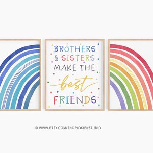 Brother sister best friends poster, Sibling Print, Brother and Sister Wall Art, Shared Bedroom Decor, Set of 3 rainbow, Siblings Painting