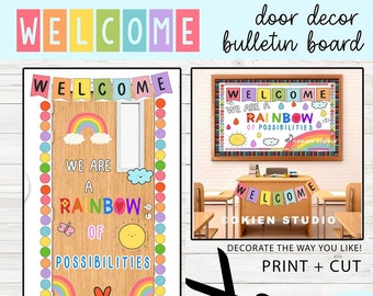 Rainbow Bulletin Board Kit, Cute clipart classroom setup, Rainbow of possibilities, positive classroom, Cute classroom door decor, welcome