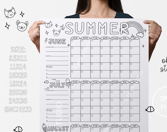 Summer Calendar Poster, June to August Schedule Printable, Undated Seasonal Planner (digital download)