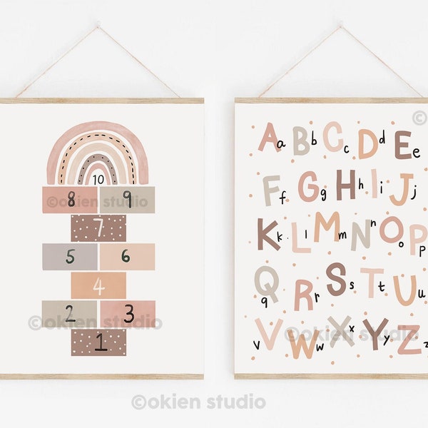 Alphabet and numbers poster, hop skip jump, letters poster, boho abc print, boho alphabet poster, boho nursery decor neutral, kids wall art