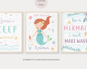 Mermaid Nursery Art Prints: Red Hair Mermaid Decor (Digital Download)