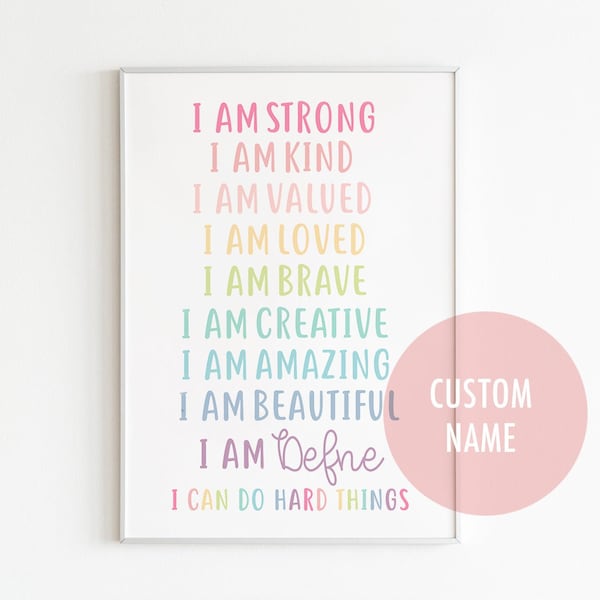 I AM wall art, Positive affirmations wall art, i am enough, pastel Rainbow, custom name sign, kids room rainbow, boho art, pastel wall art