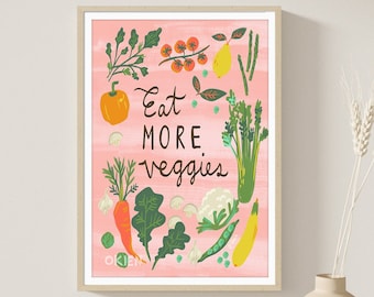 vegetable wall art, Culinary Print, Vegetable Print Eat Veggies Poster, cute kitchen art, Vegetables Illustration, kale art, veggies art