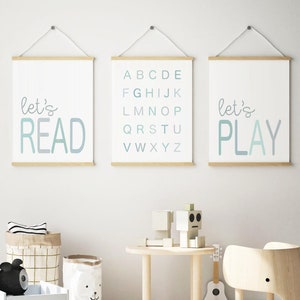 Pastel Blue Nursery Wall Art Prints: ABC, Let&#39;s Read, Let&#39;s Play (Digital Download)