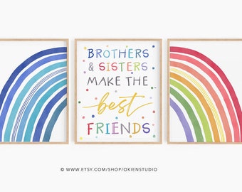 Brother sister best friends poster, Sibling Print, Brother and Sister Wall Art, Shared Bedroom Decor, Set of 3 rainbow, Siblings Painting