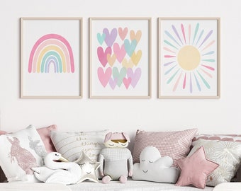 Pastel Rainbow Sun Hearts Set of 3 Nursery Art Prints, Weather Nursery Wall Art, Rainbow wall art, Pictures for Girls Room, pink nursery art