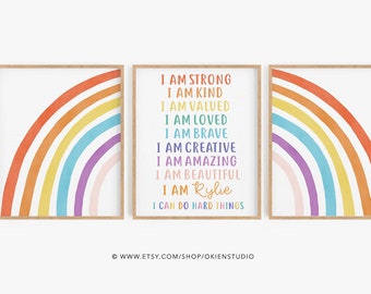 Positive affirmations wall art, I am sign, Colorful Rainbow poster, i am enough, custom name sign, kids room rainbow, boy bedroom, girl art