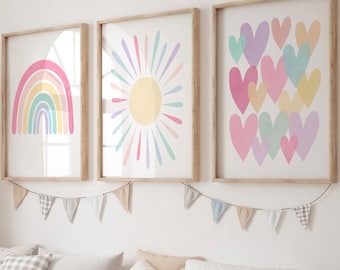 Pastel Rainbow Nursery Art Prints: Sun, Hearts, Rainbow Set (Digital Download)