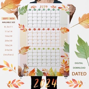 2024 Herbst Planer Poster, Sept bis November Planer Poster, Datiert Herbst Wandkalender Poster, Monatskalender, Eichhörnchen Planer Poster