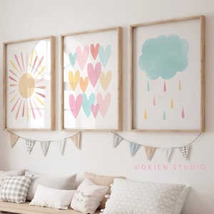 Pastel Rainbow Sun Hearts Set of 3 Nursery Art Prints, Weather Nursery Wall Art, Rainbow wall art, Pictures for Girls Room, pink nursery art