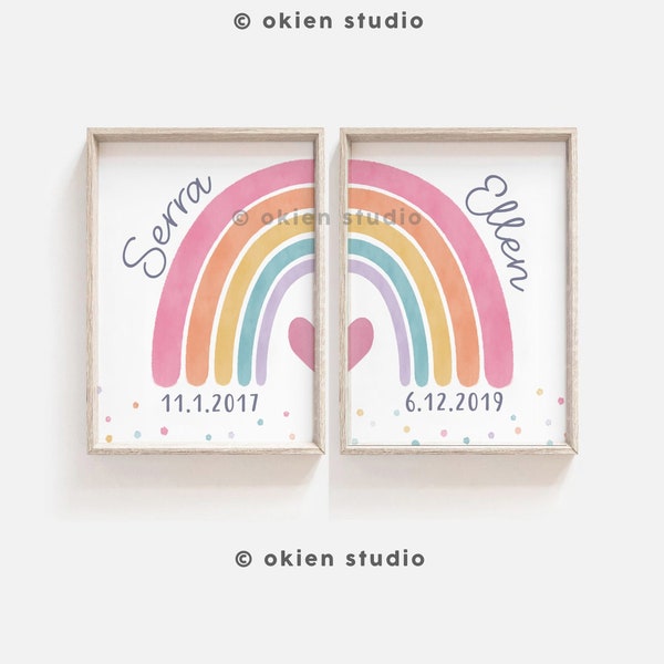 rainbow name sign, twins bedroom sign, sister nursery decor, best friend gift, Siblings poster, Sisters Bedroom, Birth date sign, Pastel sis