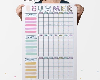 Pastel Summer Poster, Monthly calendar, 2025 Planner, Summer holidays, Summer schedule, Summer calendar for kids, Summer calendar poster art