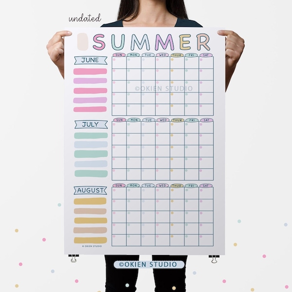 Pastel Summer Poster, Monthly calendar, 2024 Planner, Summer holidays, Summer schedule, Summer calendar for kids, Summer calendar poster art