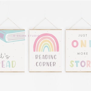 Pastel Reading Corner sign, playroom printable, Let's Read decor, Pink room decor,  boho girl wall art, pastel purple, girl bedroom decor