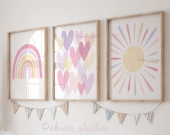 Pastel Purple Nursery Art Prints: Sun, Hearts and Rainbow Set (Digital Download)