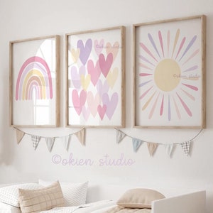 Pastel Color Rainbow Nursery Art Prints: Sun, Hearts, Weather Set for girls bedroom (Digital Download)