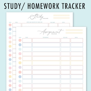 May include: Printable study and homework tracker with colorful dots and lines. The tracker has sections for class, assignment, due date, and notes.