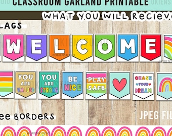 Classroom Bunting Pack, Welcome Bunting, flags, Bulletin Board, Primary color Rainbow Classroom Decor, welcome banner, class bulletin board