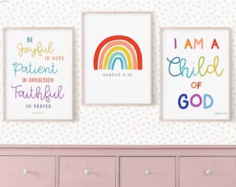 Set de impresiones de las Sagradas Escrituras Cristianas: Arcoíris, versículo bíblico y letrero decorativo para habitación infantil (descarga digital)