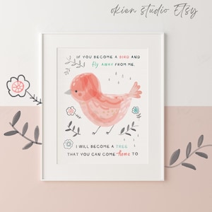 Runaway bunny print, bird nursery print, watercolor birds, bird nursery, pink nursery wall art, bird quote art, Margaret wise brown, girls