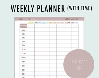 Weekly Calendar Printable, Time Slot, 5AM through 11PM, Weekly Organize, Time Appointment Calendar, time block, block schedule