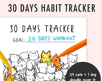 30 days tracker, mood tracker, digital planner, goodnotes tracker, cat planner, 30days challenge, habit tracker printable, printable tracker