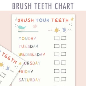May include: A printable chart for children to track their teeth brushing routine. The chart features a colourful design with a toothbrush, stars, and a sun and moon. It includes the days of the week and checkboxes for morning and evening brushing.