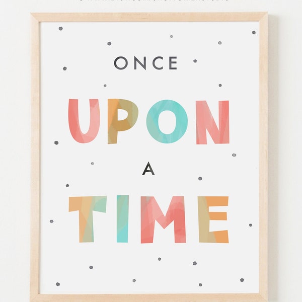 Once upon a time wall art, story time sign, girl reading art, playroom sign, pink boho wall art, Rainbow reading sign, reading corner sign