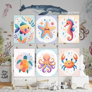 Under The Sea Ocean Animals themed nursery prints Set Decor Wall Art, Octopus Wall Art Turtle Art, Ocean Nursery Decor for baby room bedroom