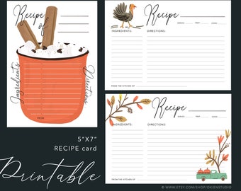 Thanksgiving Recipe Card Printable: Fall Turkey Design (Digital File)
