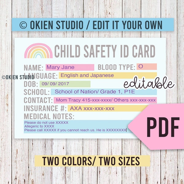 Editable Child Identification Card, PDF editable Backpack Tag, Allergy Tag, Child Safety School ID Card, Boho rainbow kid ID, School trip