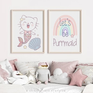 Purrmaid Nursery Art Prints: Rainbow Mermaid Cat (Digital Download)