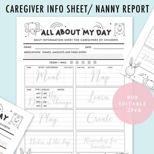 Journal de nounou imprimable, 5 modèles, feuille de soins quotidiens pour bébé, journal de baby-sitter, suivi de bébé, rapport de garderie, rapport de nourrisson, journal de garderie pour tout-petit