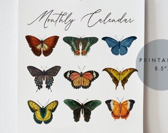 Puede incluir: Calendario mensual imprimible con un diseño de mariposa colorido. El calendario mide 8,5 pulgadas por 11 pulgadas.
